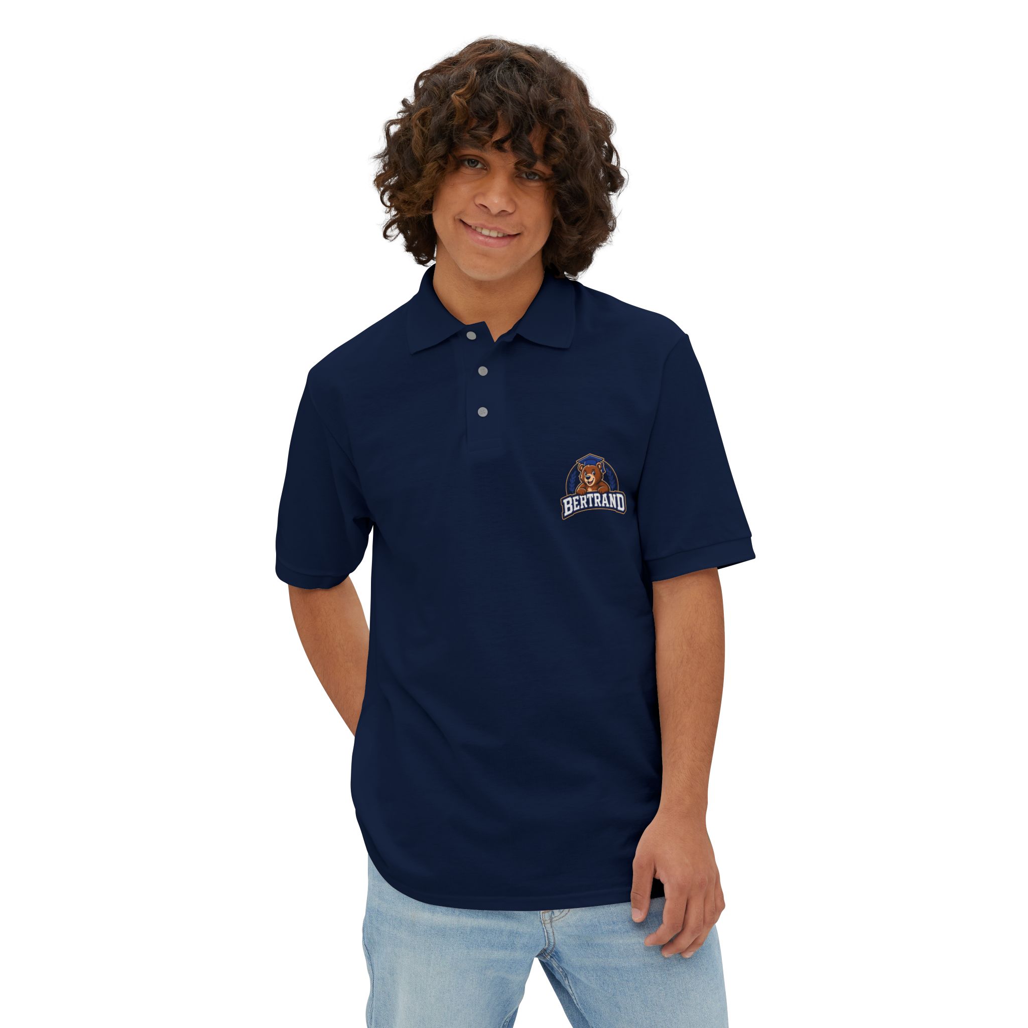 Bertrand Bear Logo Polo — Men's Navy Piqué Shirt - Image 2