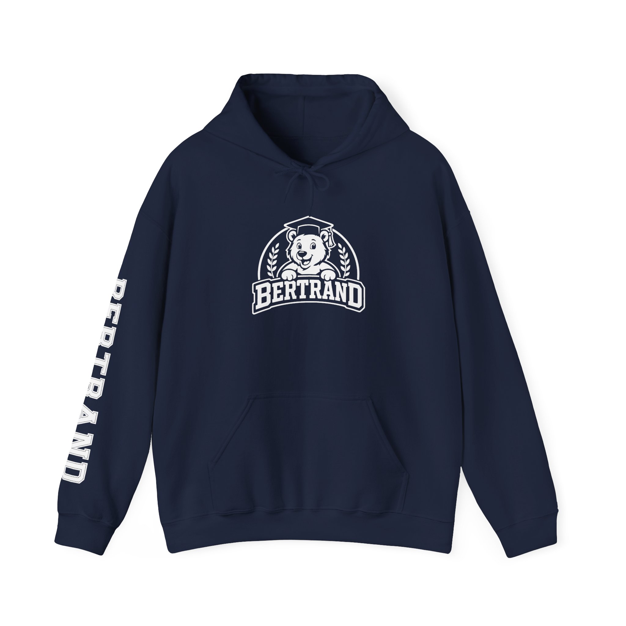 Bertrand Bear Hoodie (Front/Back/1 Sleeves)— Cute Mascot College-Style Pullover